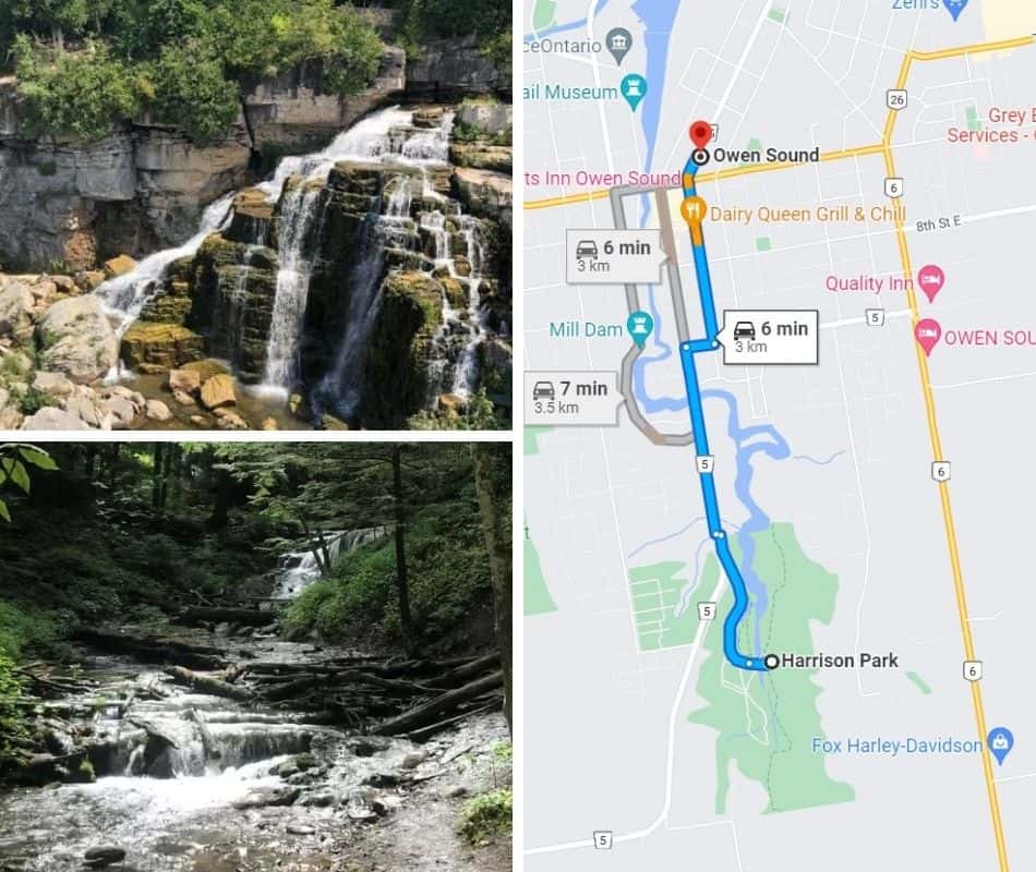 Image of Inglis falls and Weaver's Creek and map to Harrison park from Owen Sound