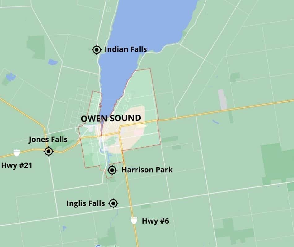 map showing Inglis fall, Harrison Park Jones falls and Indians falls all