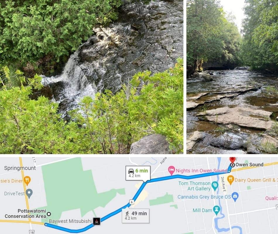 Picture of Jones fall and of the Pottawatomi River along with a map on how to get to the Pottawatomi and Jones Falls Conservation Area.